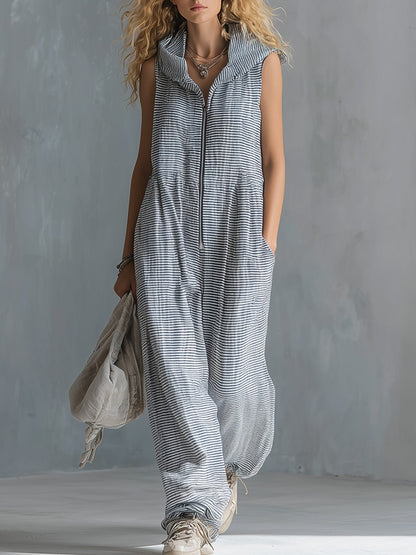 Casual Striped Cotton Sleeveless Hooded Jumpsuit
