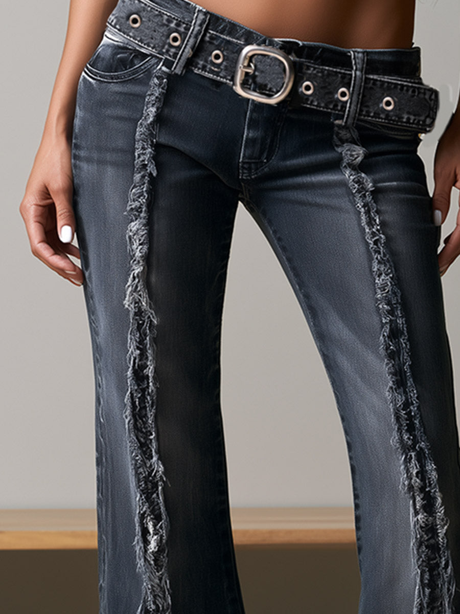 Retro-chic Slit-hem Grey Raw-edge Flared Jeans