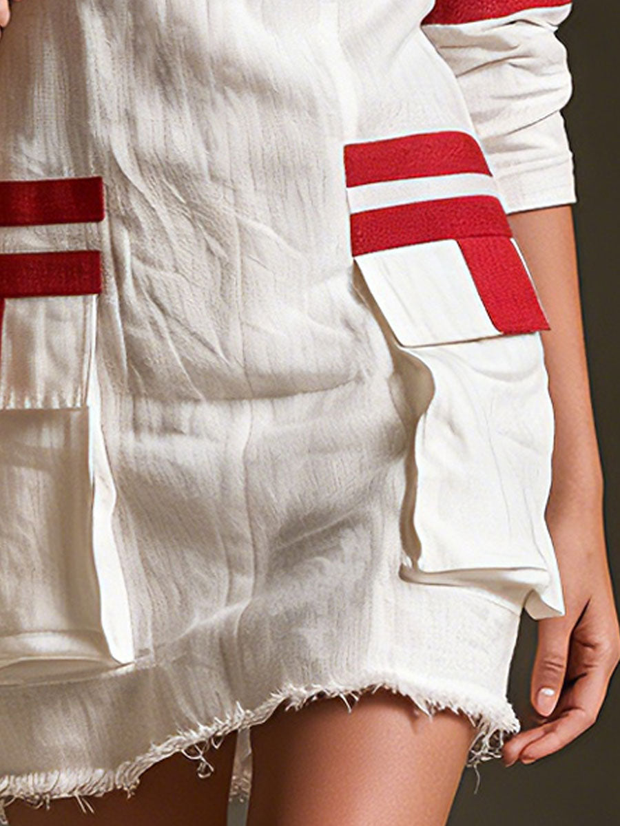 Retro-style Color-blocked Trim White V-neck Cotton And Linen Mini Dress