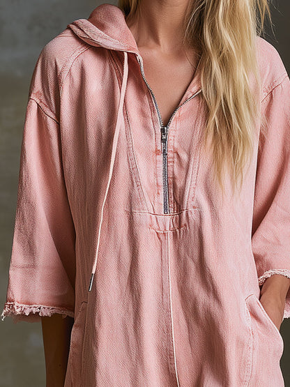 Casual Retro-style Pink Hooded Short-sleeved Denim Midi Dress