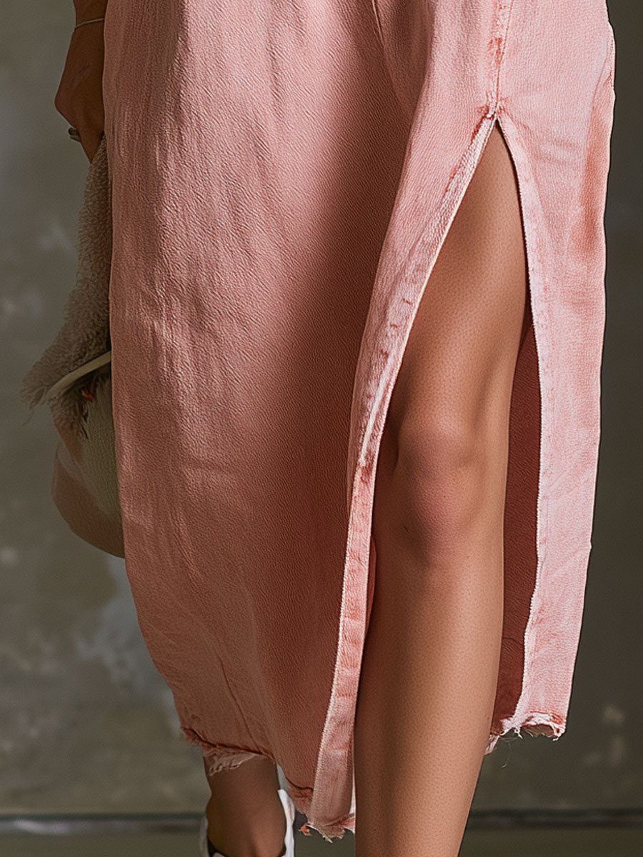 Casual Retro-style Pink Hooded Short-sleeved Denim Midi Dress