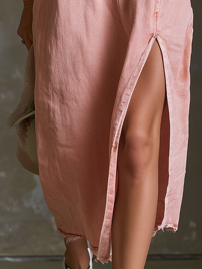 Casual Retro-style Pink Hooded Short-sleeved Denim Midi Dress