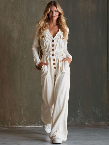 Retro Casual Off-white Long-sleeved V-neck Single-breasted Cotton Jumpsuit