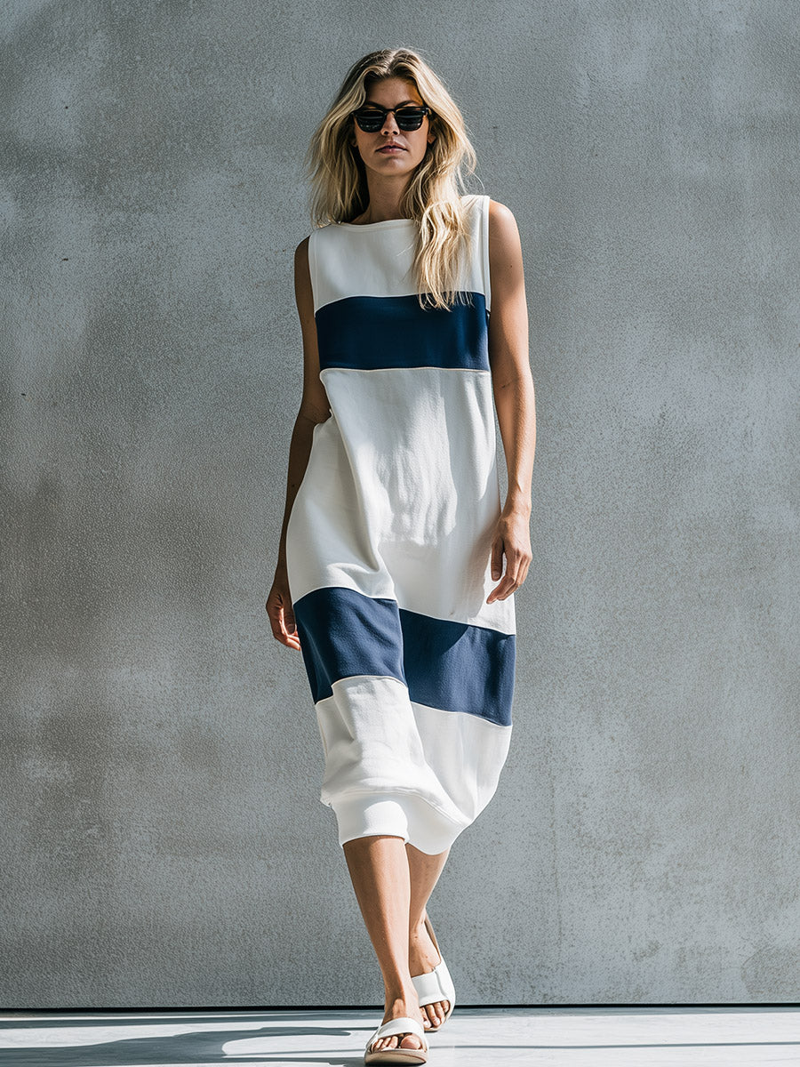 Casual Basic Everyday Blue-and-White Color-Block Cotton Midi Dress