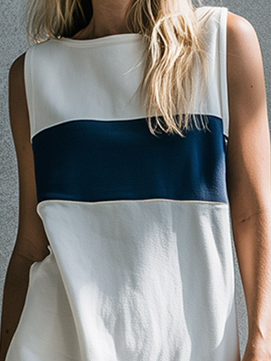 Casual Basic Everyday Blue-and-White Color-Block Cotton Midi Dress