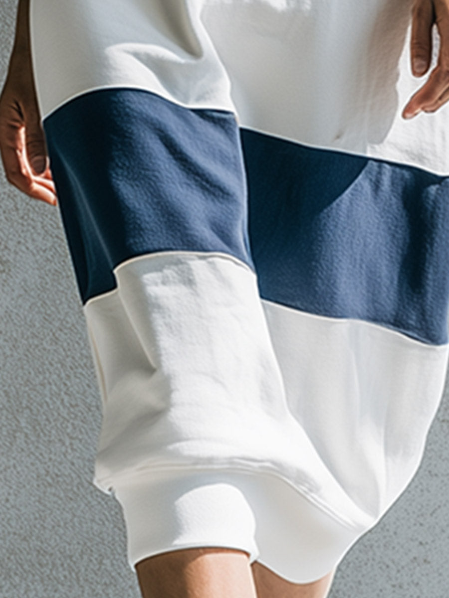 Casual Basic Everyday Blue-and-White Color-Block Cotton Midi Dress