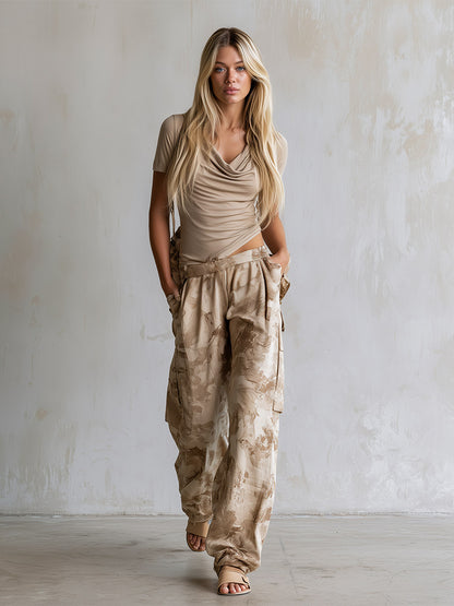 Stylish Casual Khaki Cowl-Neck T-Shirt And Camouflage Wide-Leg Pants Sportswear Set