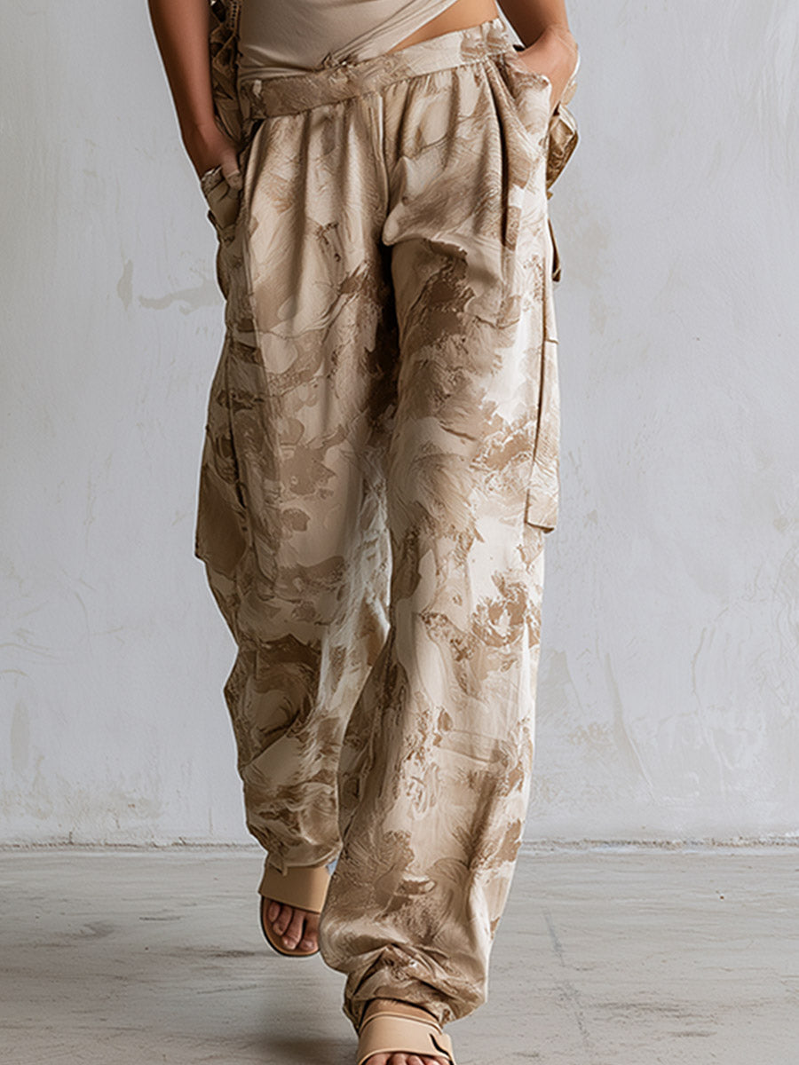 Stylish Casual Khaki Cowl-Neck T-Shirt And Camouflage Wide-Leg Pants Sportswear Set