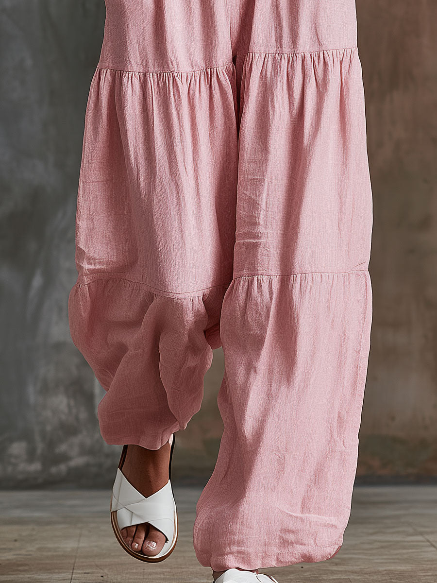 Retro-style Pink Ruffled V-neck Long-sleeved Cotton-linen Jumpsuit