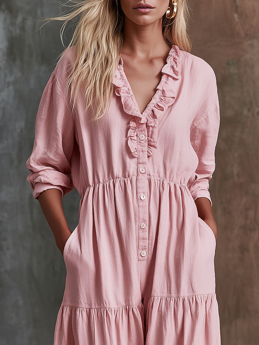 Retro-style Pink Ruffled V-neck Long-sleeved Cotton-linen Jumpsuit