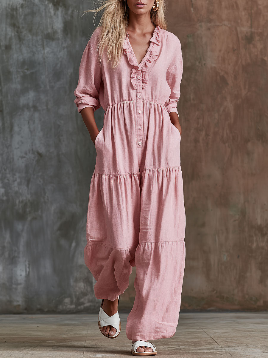 Retro-style Pink Ruffled V-neck Long-sleeved Cotton-linen Jumpsuit