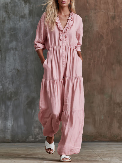 Retro-style Pink Ruffled V-neck Long-sleeved Cotton-linen Jumpsuit