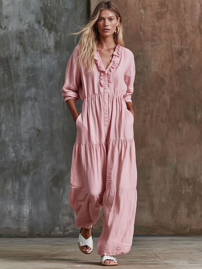 Retro-style Pink Ruffled V-neck Long-sleeved Cotton-linen Jumpsuit