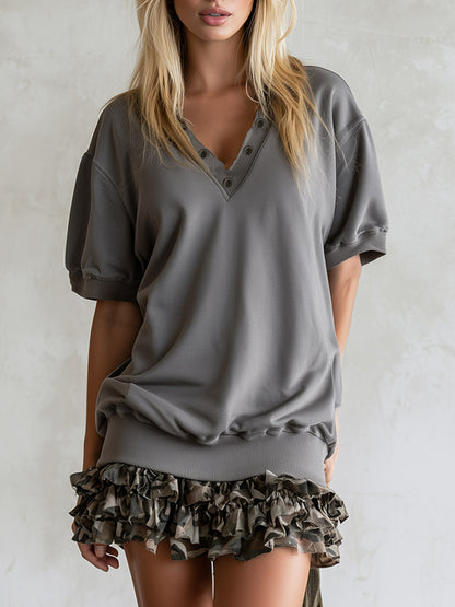 Stylish Casual Camo-Print Ruffled Grey Cotton Short-Sleeve Mini Dress