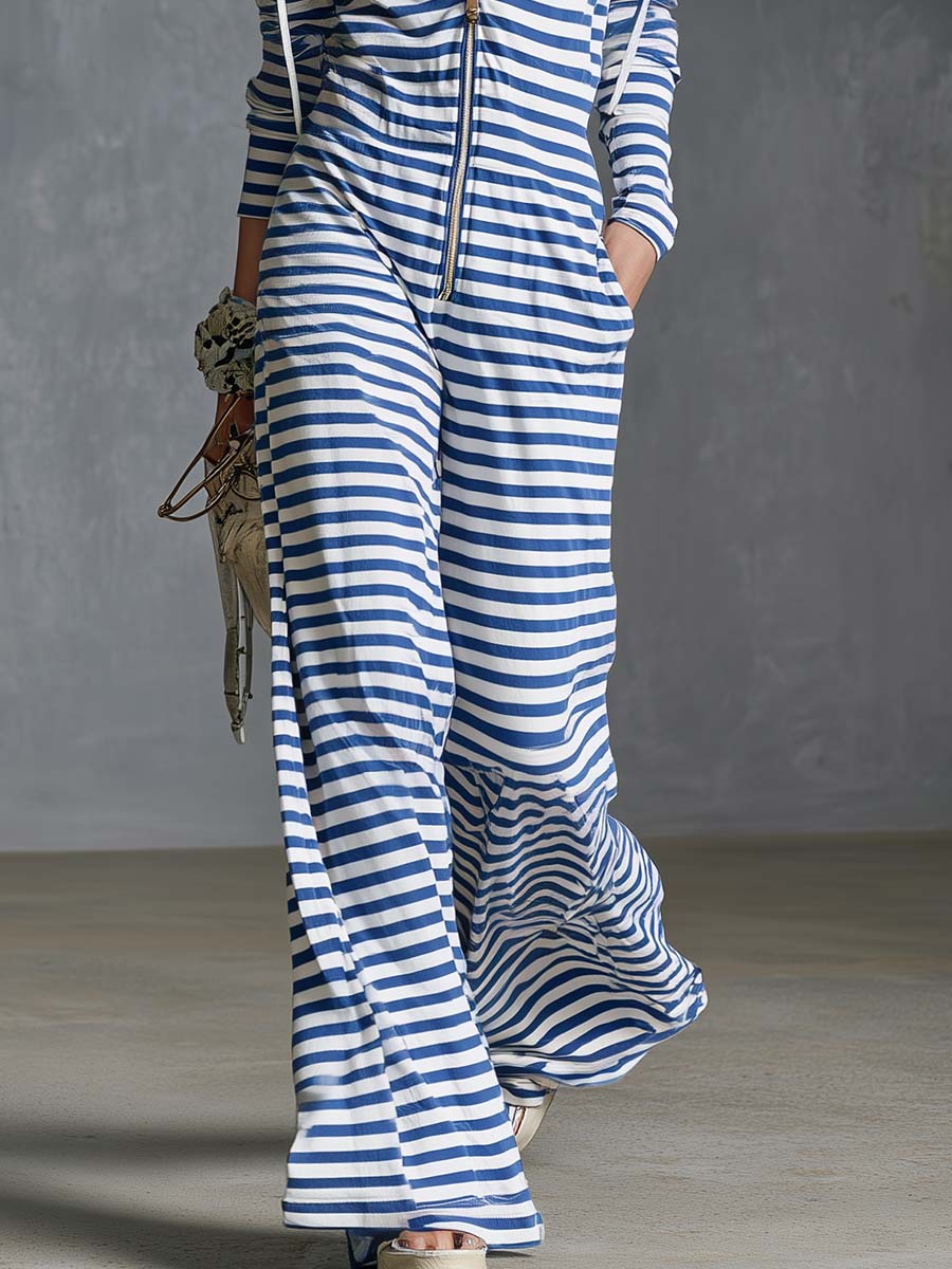 Retro Casual Hooded V-neck Front Zipper Blue And White Striped Cotton Jumpsuit