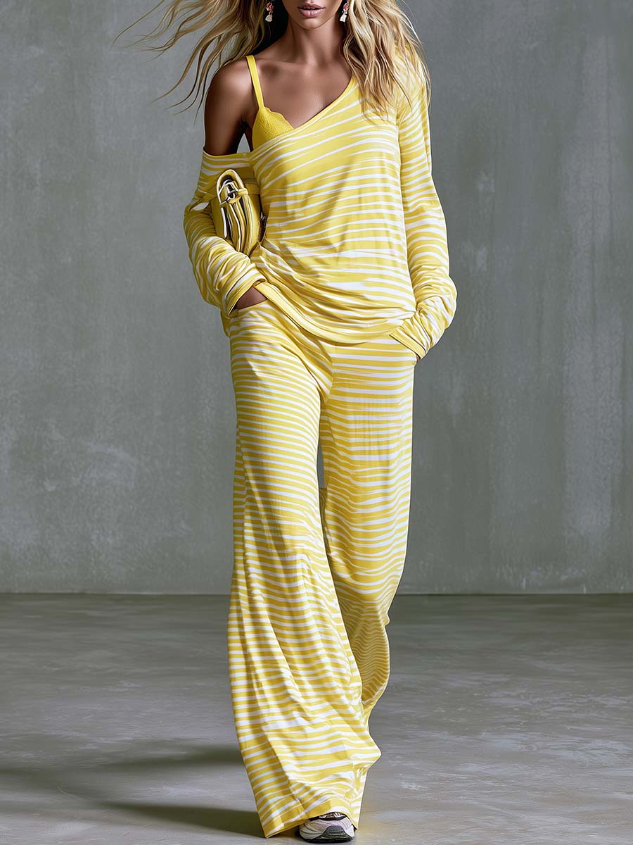 Elegant Athleisure Striped Cotton Fabric One-shoulder Faux-layered T-shirt And Pants Set
