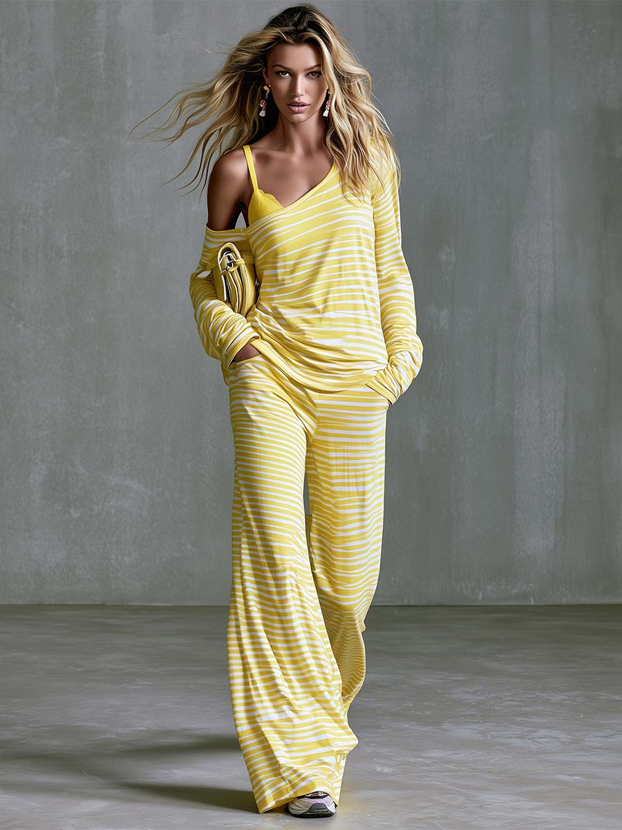 Elegant Athleisure Striped Cotton Fabric One-shoulder Faux-layered T-shirt And Pants Set