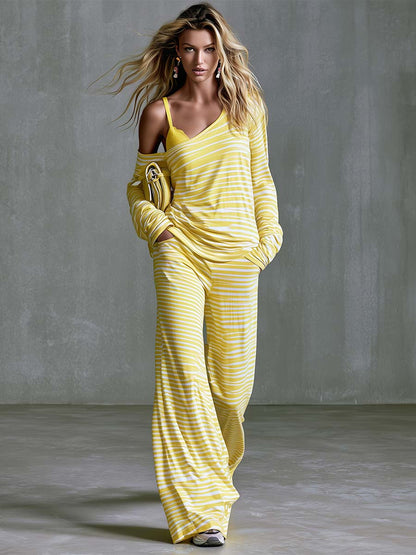 Elegant Athleisure Striped Cotton Fabric One-shoulder Faux-layered T-shirt And Pants Set