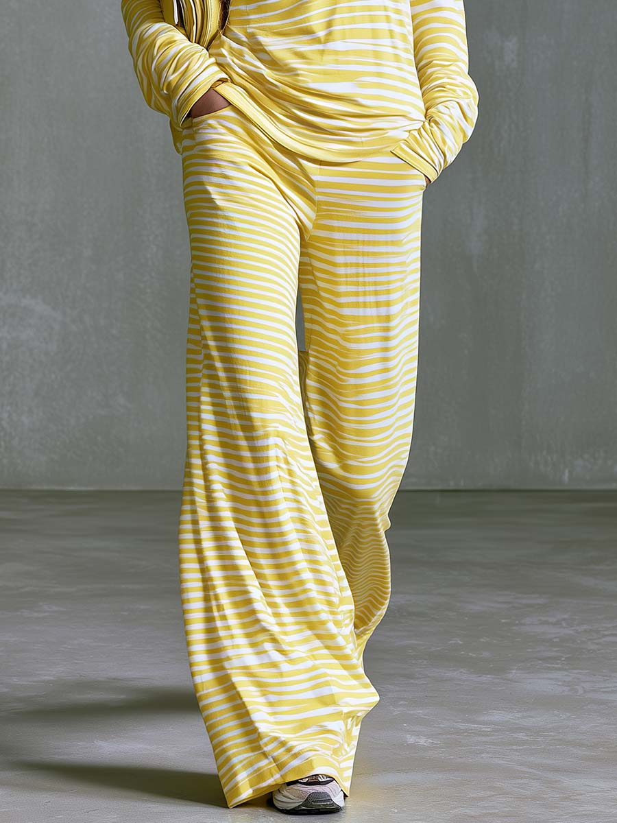 Elegant Athleisure Striped Cotton Fabric One-shoulder Faux-layered T-shirt And Pants Set