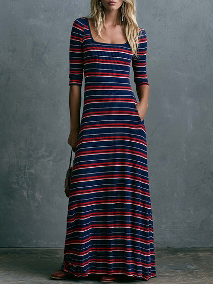 Retro Lazy Comfortable Square Neck Three-quarter Sleeves Striped Knit Maxi Dress
