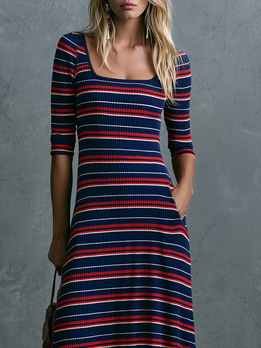 Retro Lazy Comfortable Square Neck Three-quarter Sleeves Striped Knit Maxi Dress
