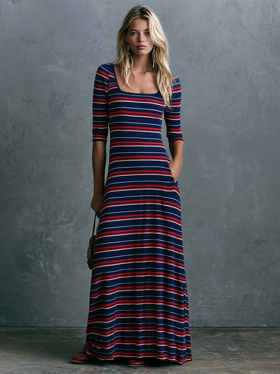 Retro Lazy Comfortable Square Neck Three-quarter Sleeves Striped Knit Maxi Dress