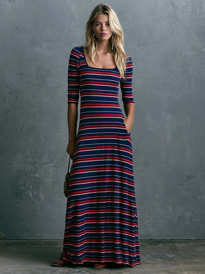 Retro Lazy Comfortable Square Neck Three-quarter Sleeves Striped Knit Maxi Dress