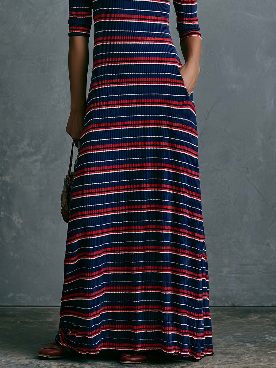 Retro Lazy Comfortable Square Neck Three-quarter Sleeves Striped Knit Maxi Dress