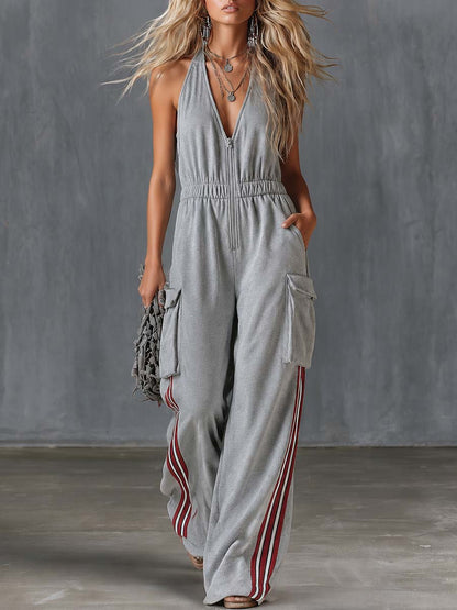Athleisure Vintage V-neck Front Zipper Cargo Pocket Light Gray Cotton Jumpsuit
