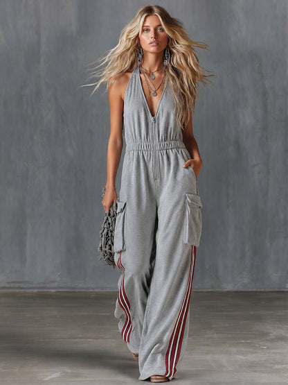 Athleisure Vintage V-neck Front Zipper Cargo Pocket Light Gray Cotton Jumpsuit