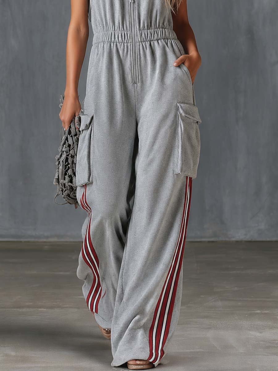 Athleisure Vintage V-neck Front Zipper Cargo Pocket Light Gray Cotton Jumpsuit