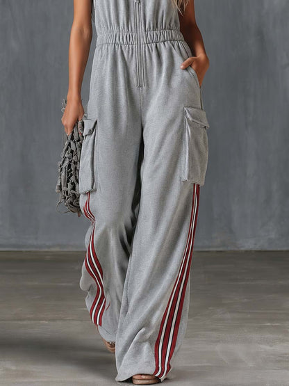 Athleisure Vintage V-neck Front Zipper Cargo Pocket Light Gray Cotton Jumpsuit