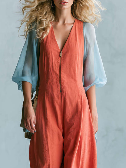 Casual Fashion V-neck Front-zip Sheer Short Sleeves Coral Orange Cotton Jumpsuit