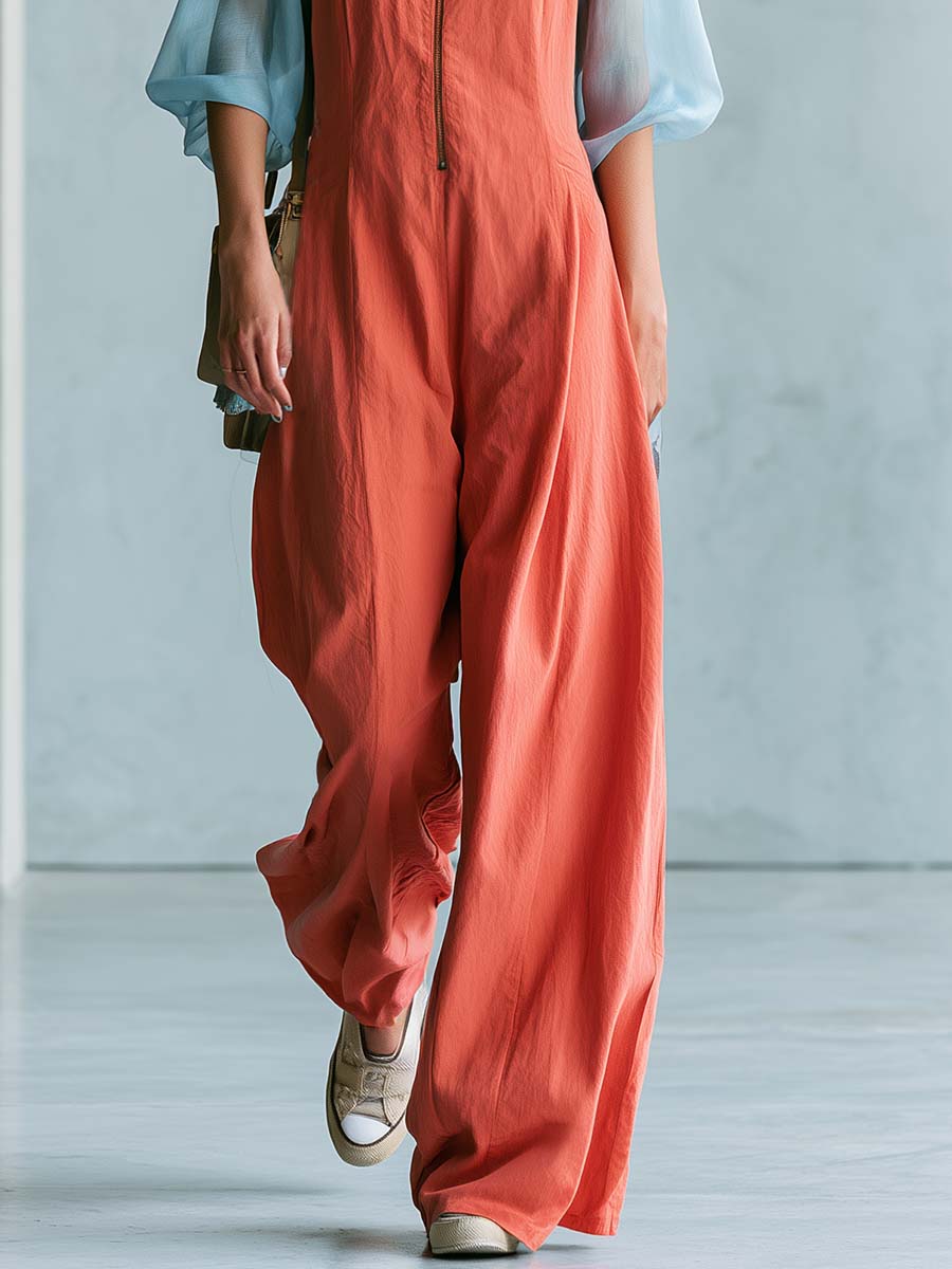 Casual Fashion V-neck Front-zip Sheer Short Sleeves Coral Orange Cotton Jumpsuit