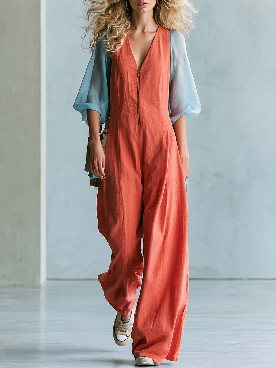 Casual Fashion V-neck Front-zip Sheer Short Sleeves Coral Orange Cotton Jumpsuit