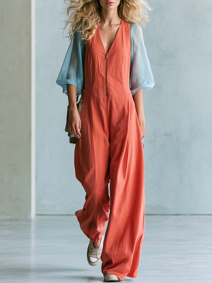 Casual Fashion V-neck Front-zip Sheer Short Sleeves Coral Orange Cotton Jumpsuit
