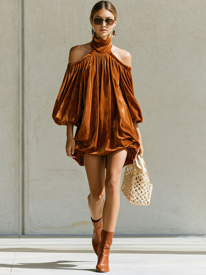Fashionable Retro Caramel-colored Velvet Hollowed-out Flower Bud Mini Dress