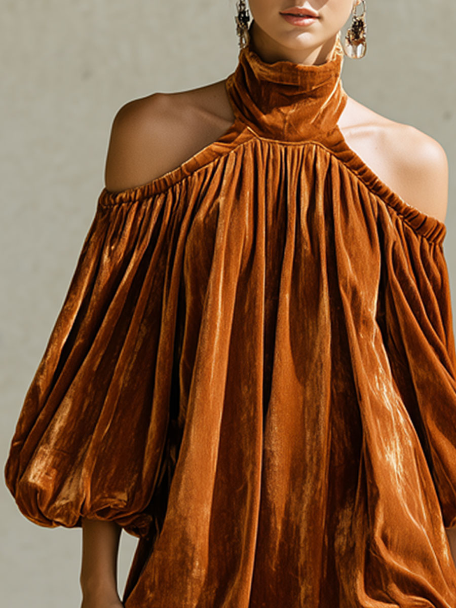 Fashionable Retro Caramel-colored Velvet Hollowed-out Flower Bud Mini Dress