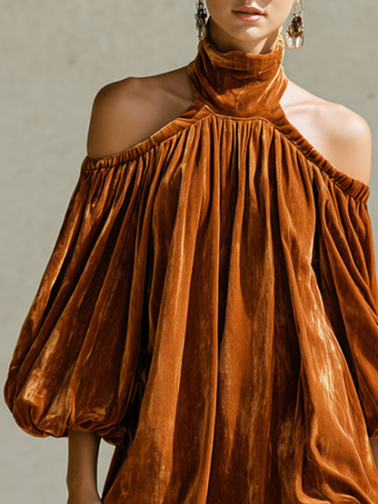 Fashionable Retro Caramel-colored Velvet Hollowed-out Flower Bud Mini Dress