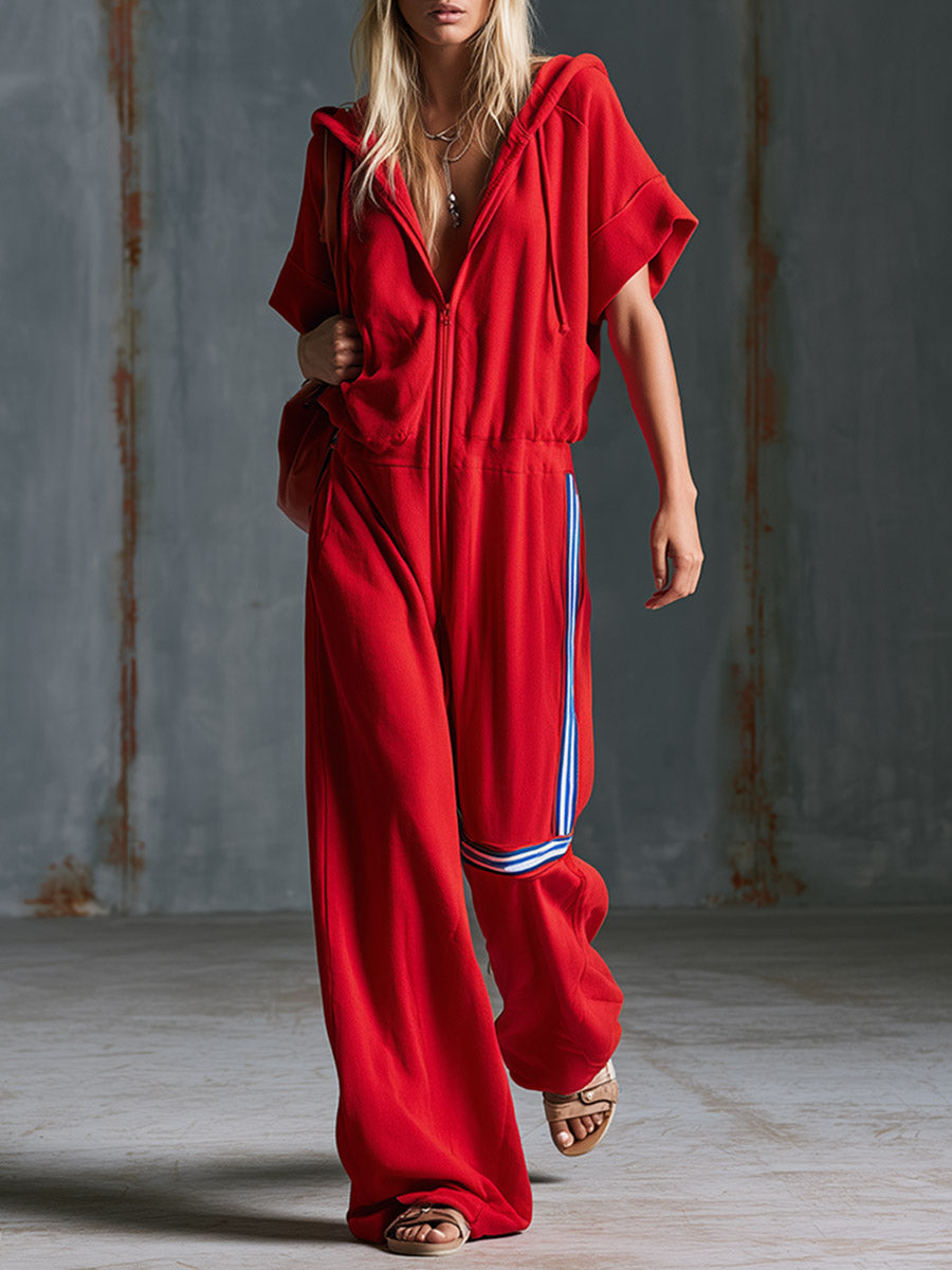 Casual-chic Sporty Side-stripe Detail Red Cotton Short-sleeve Hooded Jumpsuit