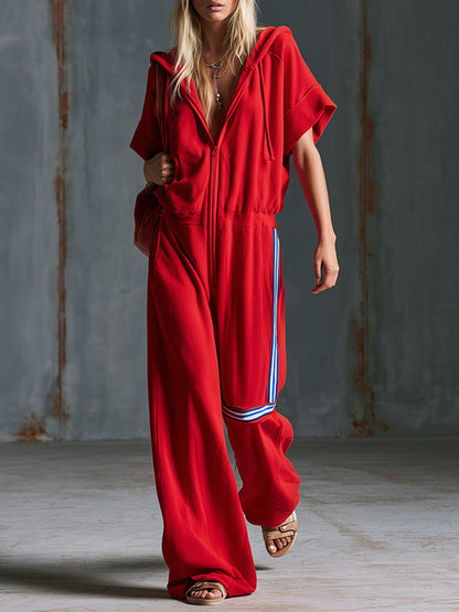 Casual-chic Sporty Side-stripe Detail Red Cotton Short-sleeve Hooded Jumpsuit
