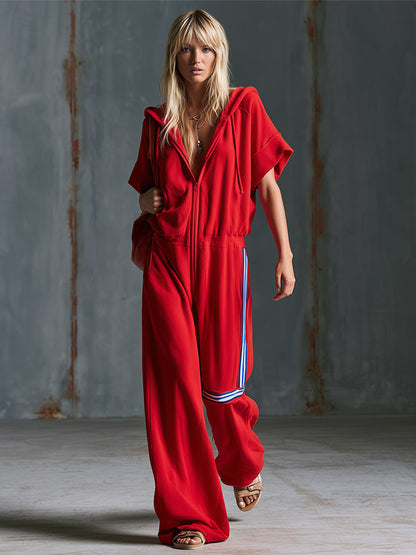 Casual-chic Sporty Side-stripe Detail Red Cotton Short-sleeve Hooded Jumpsuit