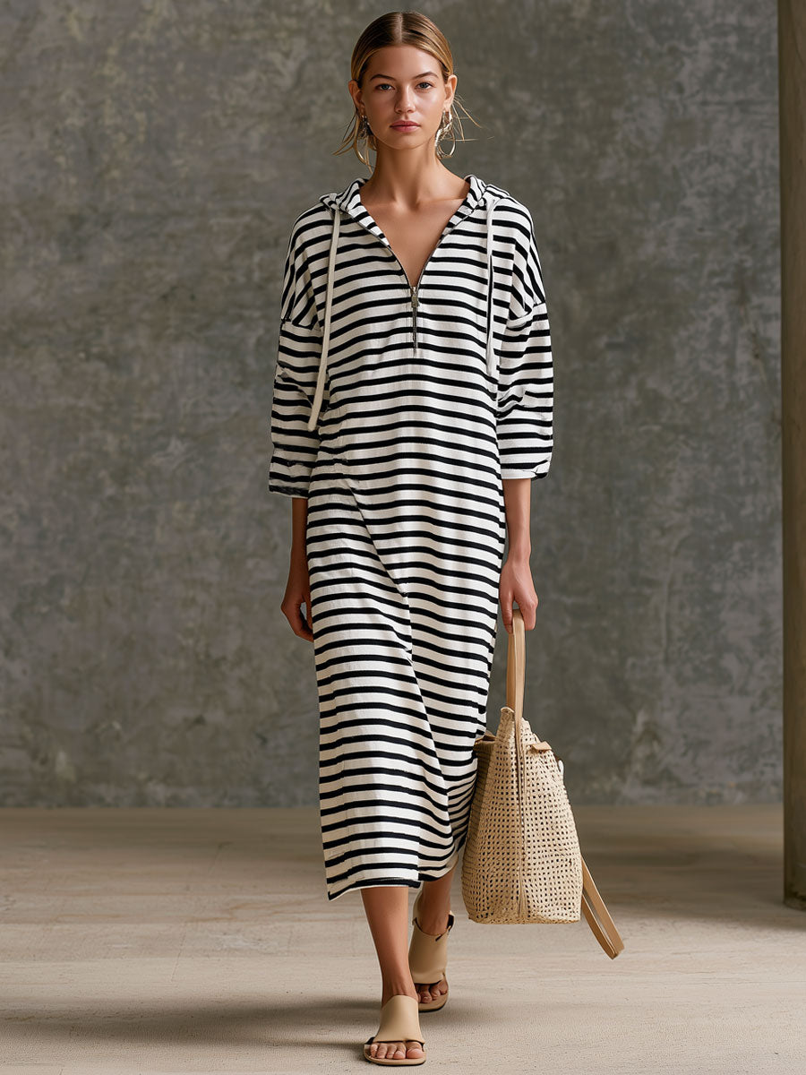 Casual Sporty Retro Black And White Striped Pure Cotton Hooded Midi Dress