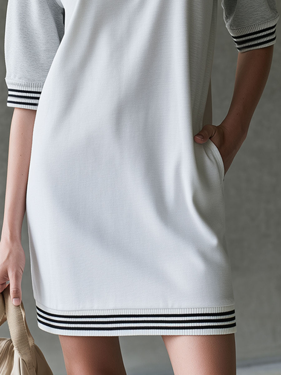 Casual Sporty Retro Striped Gray And White Color-blocked Mid-sleeve Mini Dress