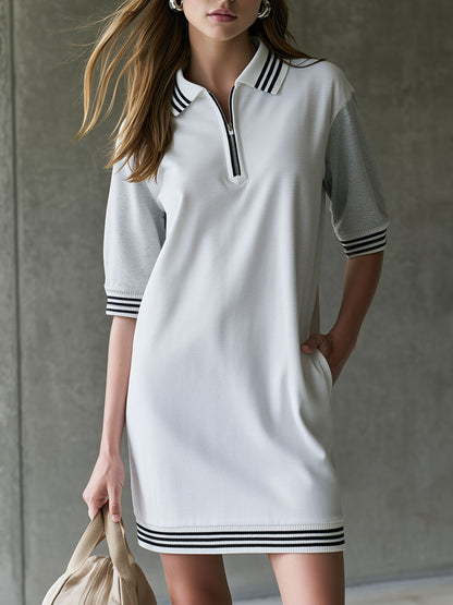 Casual Sporty Retro Striped Gray And White Color-blocked Mid-sleeve Mini Dress