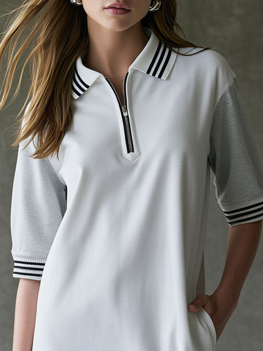 Casual Sporty Retro Striped Gray And White Color-blocked Mid-sleeve Mini Dress