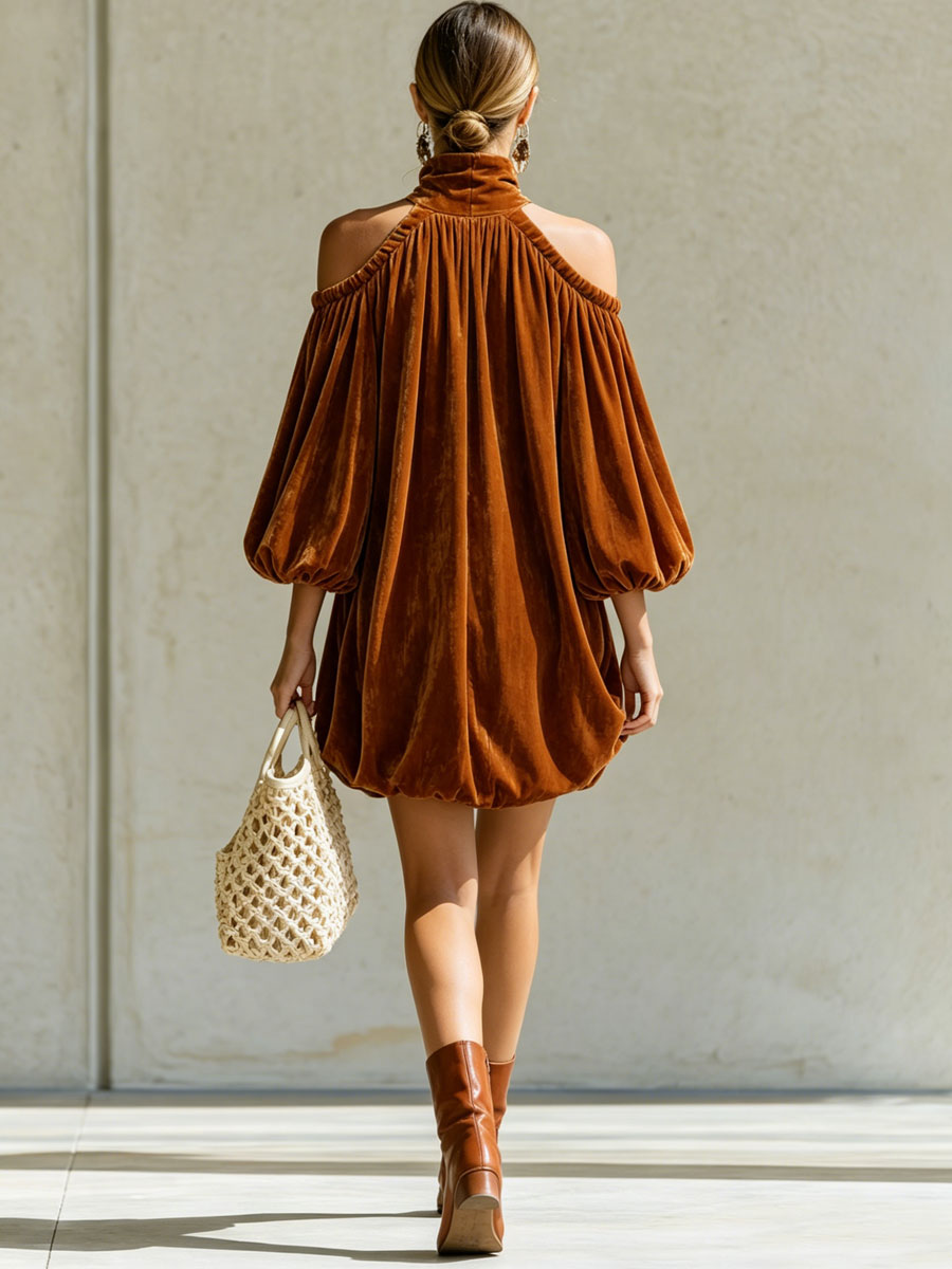 Fashionable Retro Caramel-colored Velvet Hollowed-out Flower Bud Mini Dress