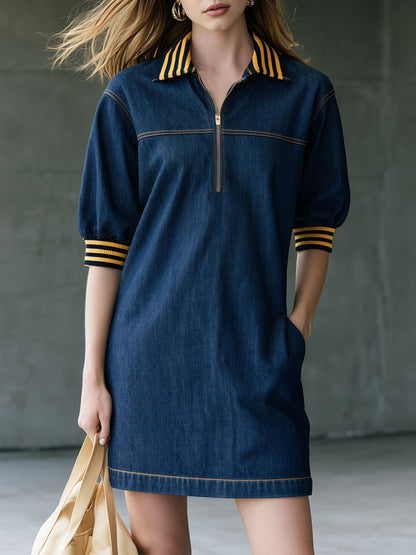 Casual Retro Striped Ribbed Mid-sleeve Dark Blue Denim Mini Dress