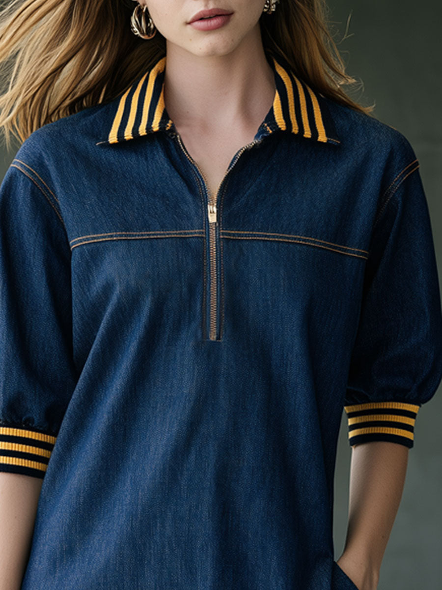 Casual Retro Striped Ribbed Mid-sleeve Dark Blue Denim Mini Dress