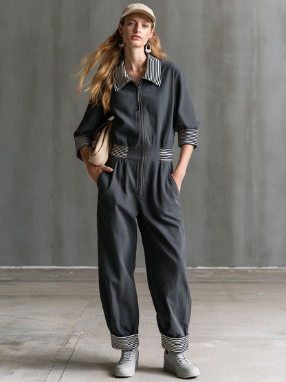 Casual Retro Striped Ribbed Zipper Dark Gray Long-sleeved Jumpsuit